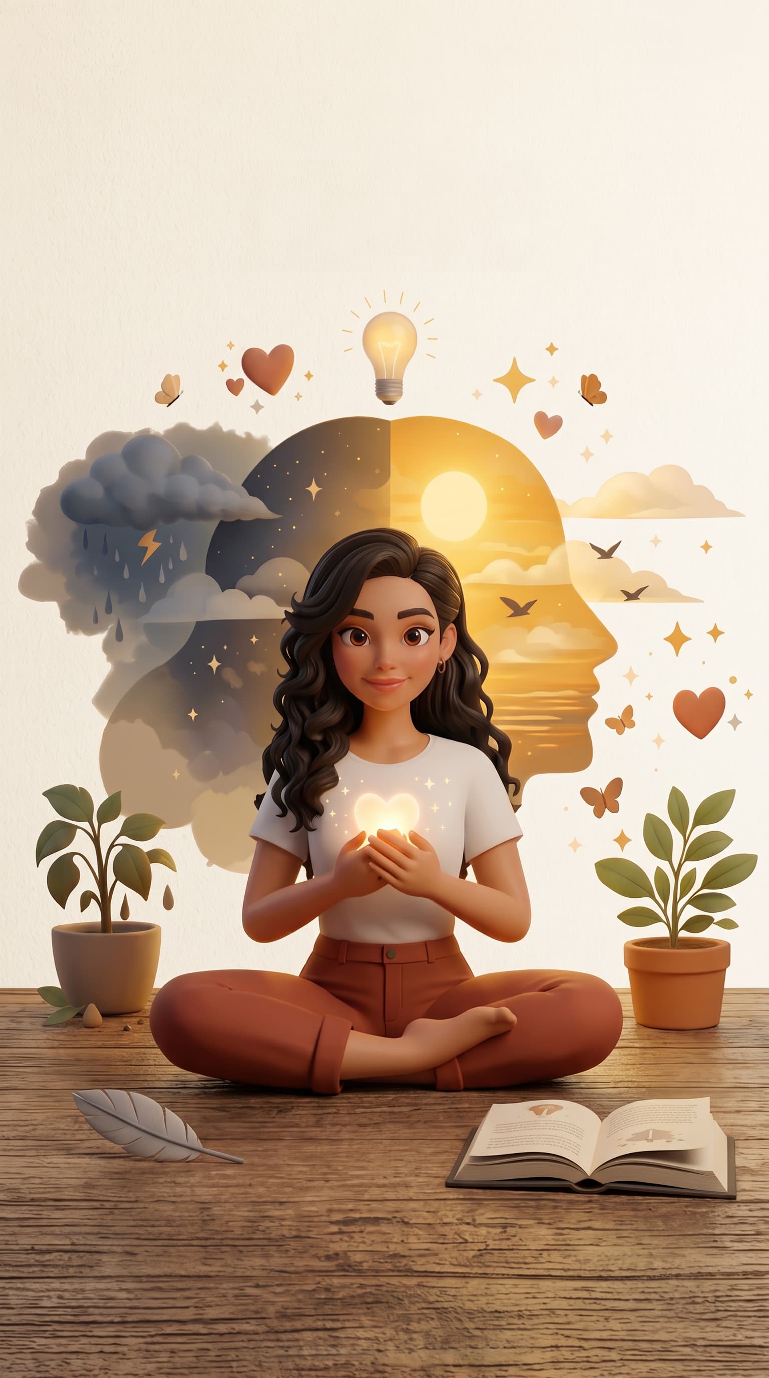 Ilustração de uma mulher sentada em meditação segurando um coração de luz, entre nuvens de chuva de um lado e um céu de sol do outro