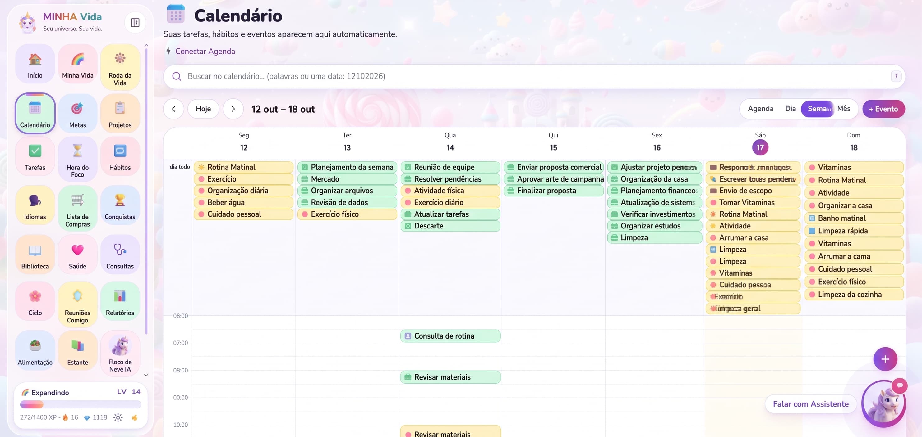 Calendário semanal com tarefas, hábitos e compromissos