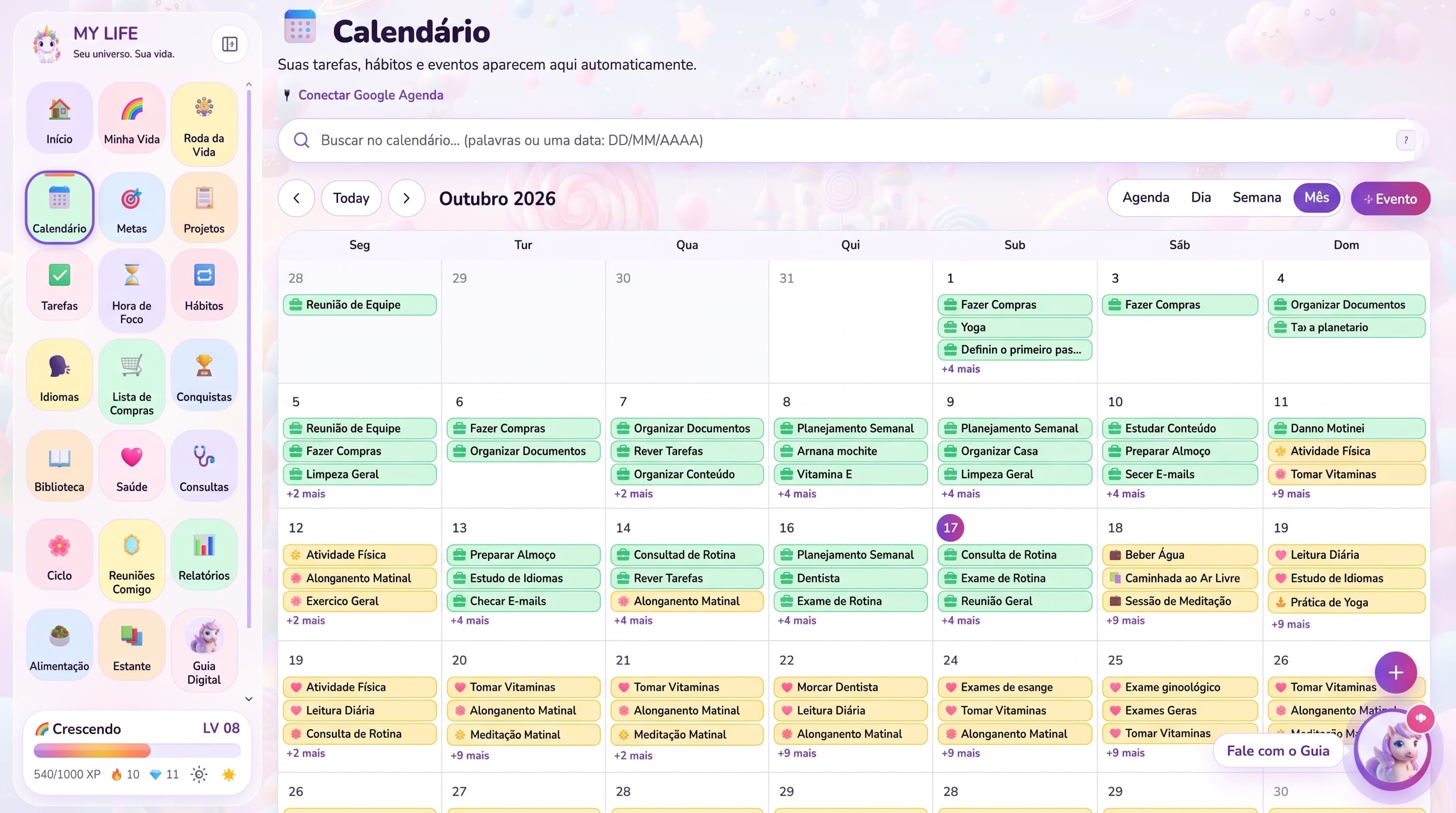 Visão mensal do calendário