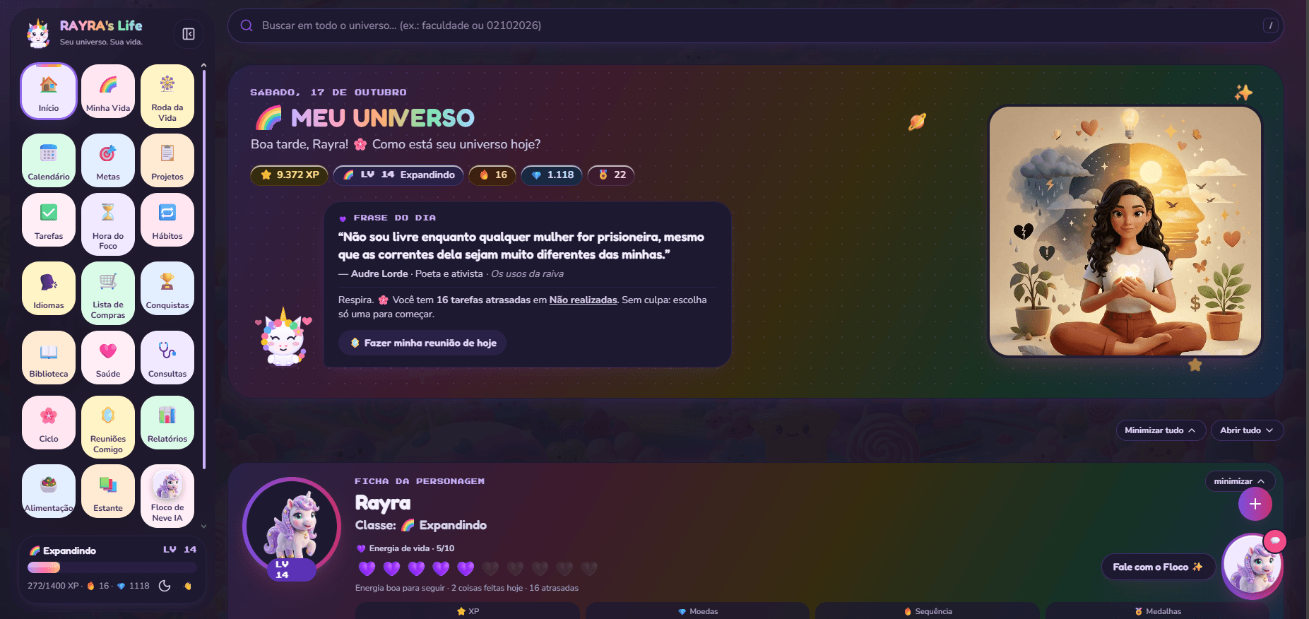 Tela inicial do Meu Universo no modo escuro