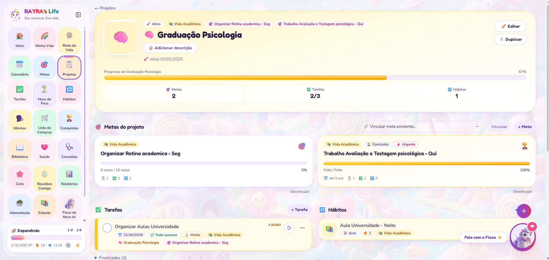 Detalhe de um projeto com tarefas e anotações